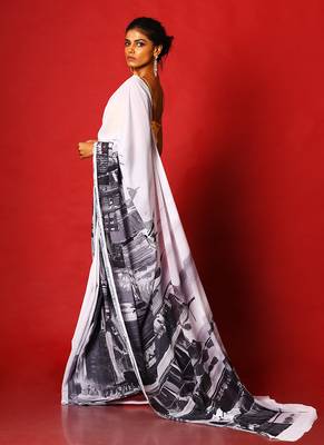 Black & White Sky Line Blended Georgette Digital Printed Saree 2