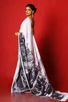 Black & White Sky Line Blended Georgette Digital Printed Saree