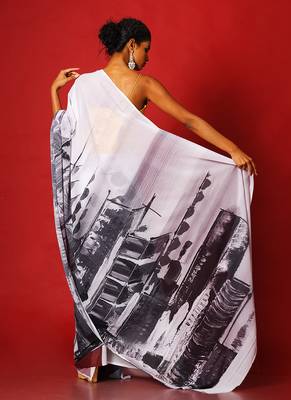 Black & White Sky Line Blended Georgette Digital Printed Saree 3
