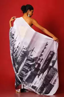 Black & White Sky Line Blended Georgette Digital Printed Saree