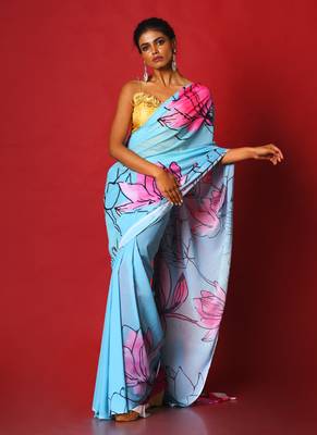 Aqua Tulips Blended Georgette Digital Printed Saree 1