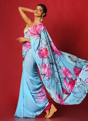Aqua Tulips Blended Georgette Digital Printed Saree 2