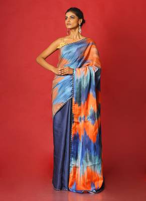 Blue Whiny Ikkat Blended Linen Satin Digital Printed Saree 1