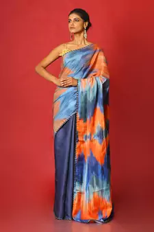 Blue Whiny Ikkat Blended Linen Satin Digital Printed Saree