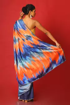 Blue Whiny Ikkat Blended Linen Satin Digital Printed Saree