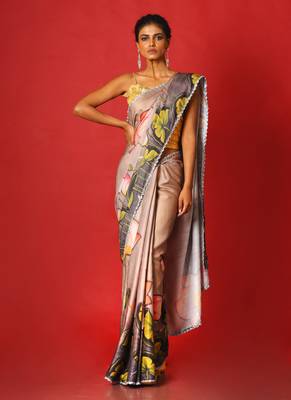 Beige Pool Lotus Blended Linen Satin Digital Printed Saree 1