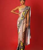 Beige Pool Lotus Blended Linen Satin Digital Printed Saree