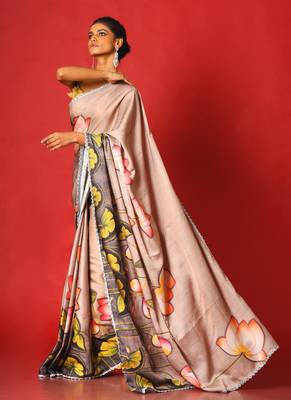 Beige Pool Lotus Blended Linen Satin Digital Printed Saree 2