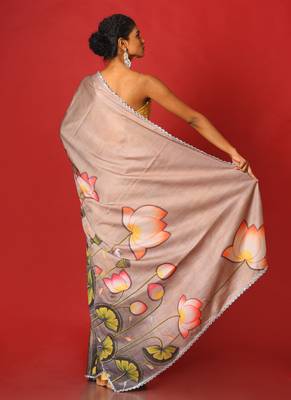 Beige Pool Lotus Blended Linen Satin Digital Printed Saree 3