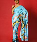 Blue Pool Lotus  Blended Linen Satin Digital Printed Saree