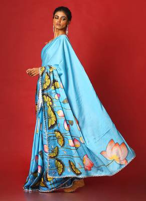 Blue Pool Lotus  Blended Linen Satin Digital Printed Saree 2
