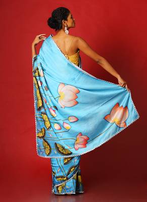 Blue Pool Lotus  Blended Linen Satin Digital Printed Saree 3