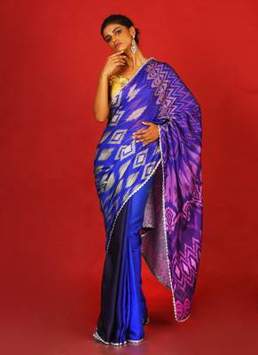 Midnight Ikkat Blended Linen Satin Digital Printed Saree 1