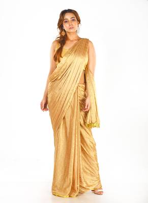 Beige Colour Blended Chiffon Saree With Golden Fringe Lace Pallu 1
