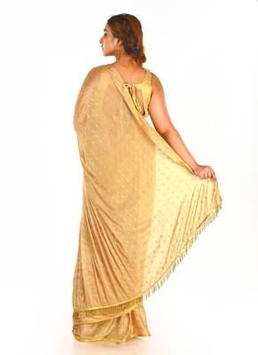 Beige Colour Blended Chiffon Saree With Golden Fringe Lace Pallu 3