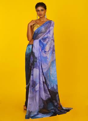 Blue Efflorescence Blended Georgette Digital Printed Saree 1
