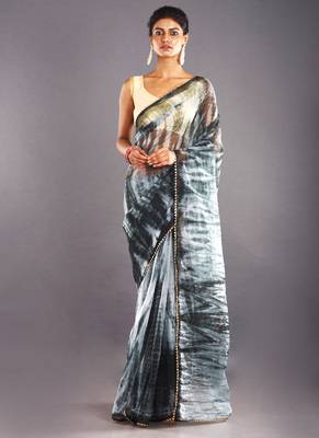 Black & Grey Organza Tie Dye Saree With Golden Border 1