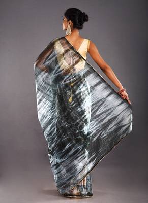 Black & Grey Organza Tie Dye Saree With Golden Border 3