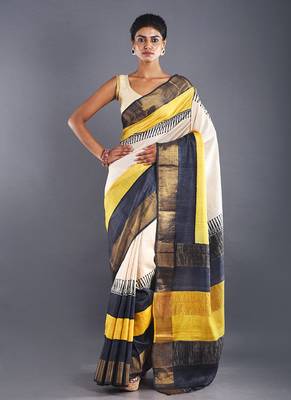Grey Tussar Silk Saree With Zari Border 1