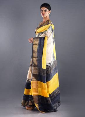 Grey Tussar Silk Saree With Zari Border 2