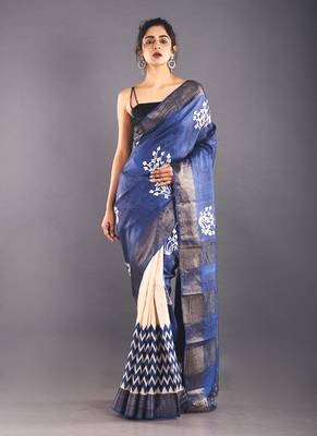 Navy Blue & Offwhite Tussar Silk Saree With Zari Border 1