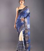 Navy Blue & Offwhite Tussar Silk Saree With Zari Border