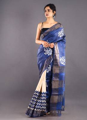 Navy Blue & Offwhite Tussar Silk Saree With Zari Border 2