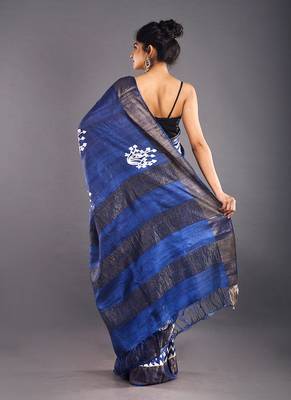 Navy Blue & Offwhite Tussar Silk Saree With Zari Border 3