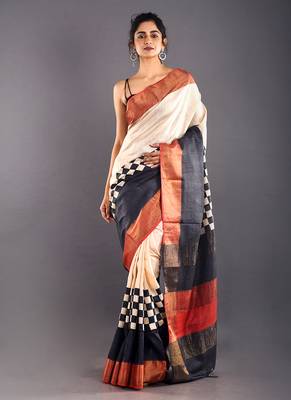 Offwhite & Black Tussar Silk Saree With Zari Border 1