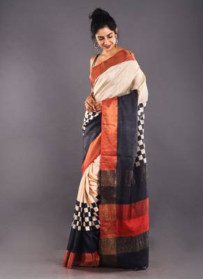 Offwhite & Black Tussar Silk Saree With Zari Border 2