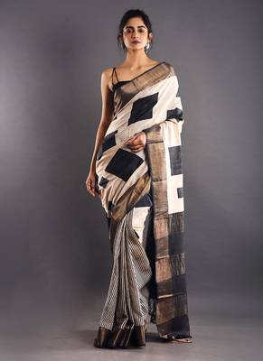 Offwhite & Black Tussar Silk Saree With Golden Zari Border 1