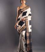 Offwhite & Black Tussar Silk Saree With Golden Zari Border