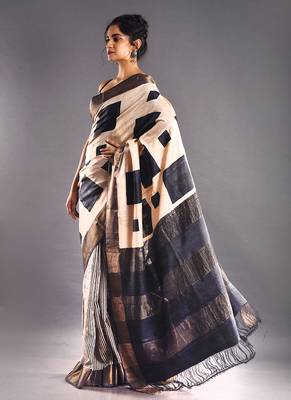 Offwhite & Black Tussar Silk Saree With Golden Zari Border 2