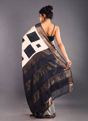Offwhite & Black Tussar Silk Saree With Golden Zari Border 3
