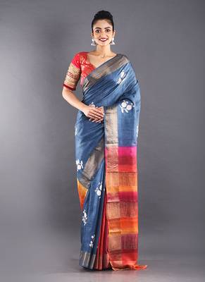 Bule Tussar Silk Saree With Multi Color Pallu 1