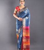 Bule Tussar Silk Saree With Multi Color Pallu