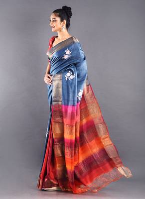 Bule Tussar Silk Saree With Multi Color Pallu 2