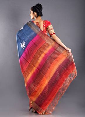 Bule Tussar Silk Saree With Multi Color Pallu 3