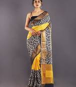 Yellow & Black Tussar Silk Saree With Zari Border
