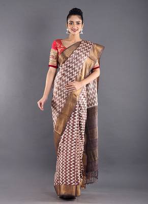 Beige And Brown Tussar Silk Saree With Zari Border 1