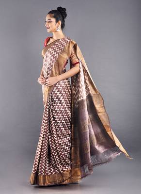 Beige And Brown Tussar Silk Saree With Zari Border 2