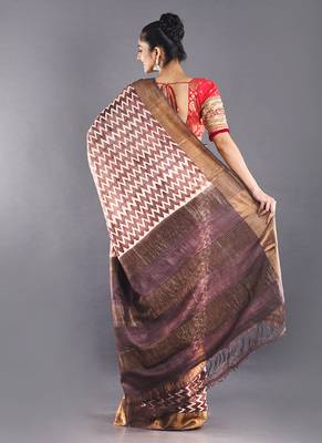 Beige And Brown Tussar Silk Saree With Zari Border 3