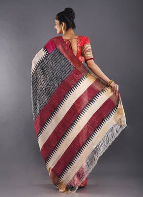 Beige Tussar Silk Saree With Calligraphy And Zari Border 3