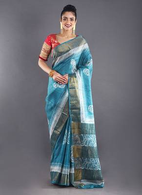 Blue  & Offwhite Tussar Silk Saree With Zari Border 1