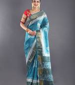 Blue  & Offwhite Tussar Silk Saree With Zari Border