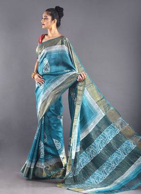 Blue  & Offwhite Tussar Silk Saree With Zari Border 2