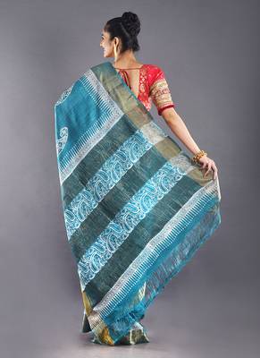 Blue  & Offwhite Tussar Silk Saree With Zari Border 3