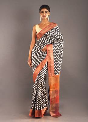 Beige Tusser Silk Saree With Zig Zag Motif & Zari Border 1