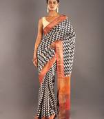 Beige Tusser Silk Saree With Zig Zag Motif & Zari Border