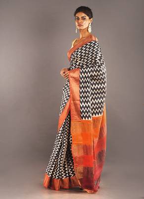 Beige Tusser Silk Saree With Zig Zag Motif & Zari Border 2